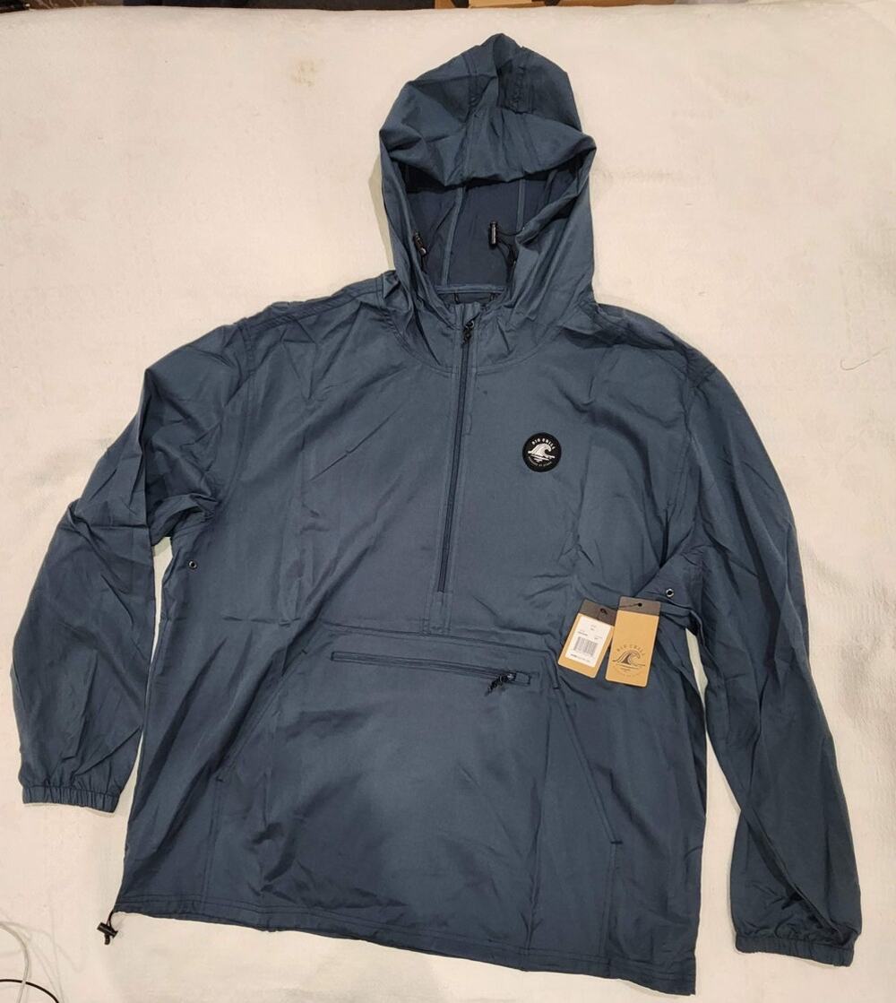NWT Big Chill Packable Anorak Jacket Mens 2XL Blue Gray Hooded Windbreaker Rain